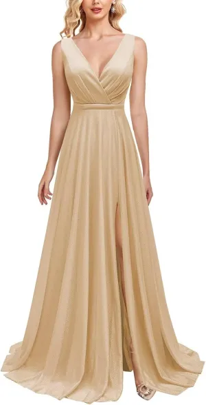 Sparkly Formal Dresses for Women Elegant V Neck Prom Dresses Long Sleeveless A Line Evening Gowns with Slit