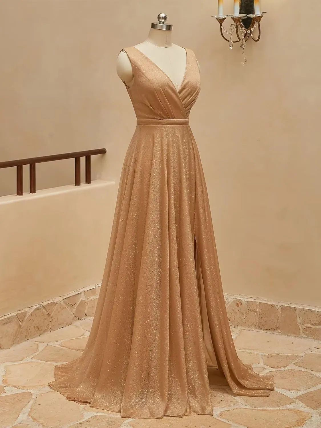 Sparkly Formal Dresses for Women Elegant V Neck Prom Dresses Long Sleeveless A Line Evening Gowns with Slit