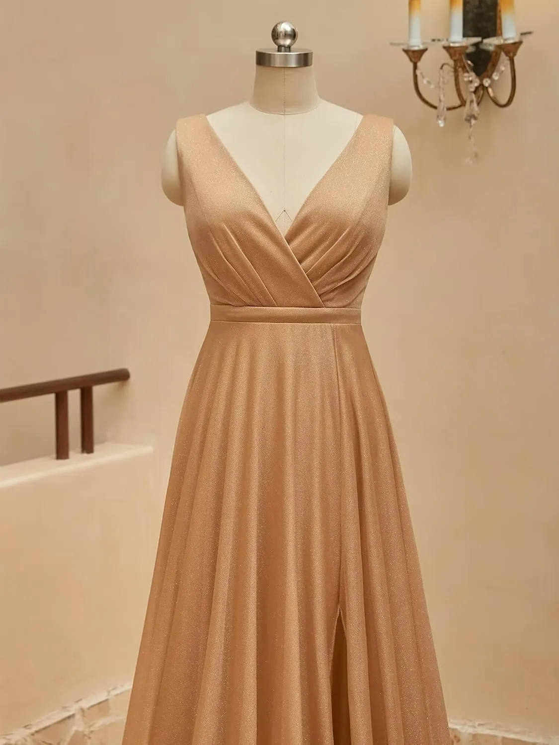Sparkly Formal Dresses for Women Elegant V Neck Prom Dresses Long Sleeveless A Line Evening Gowns with Slit