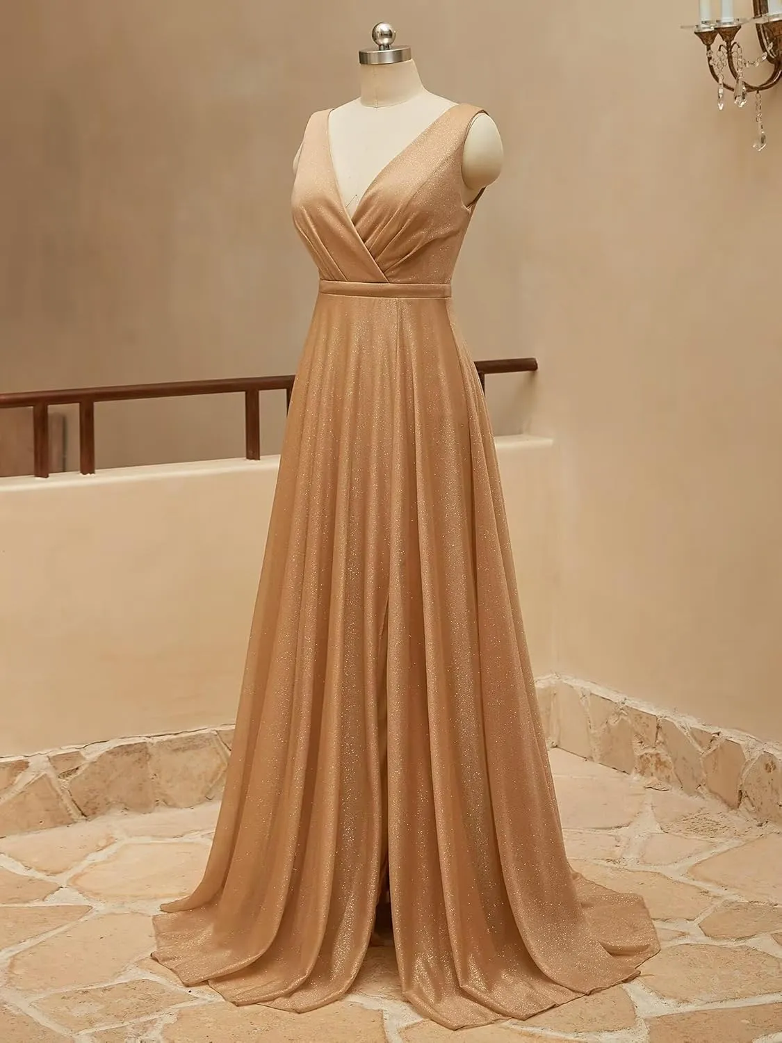 Sparkly Formal Dresses for Women Elegant V Neck Prom Dresses Long Sleeveless A Line Evening Gowns with Slit