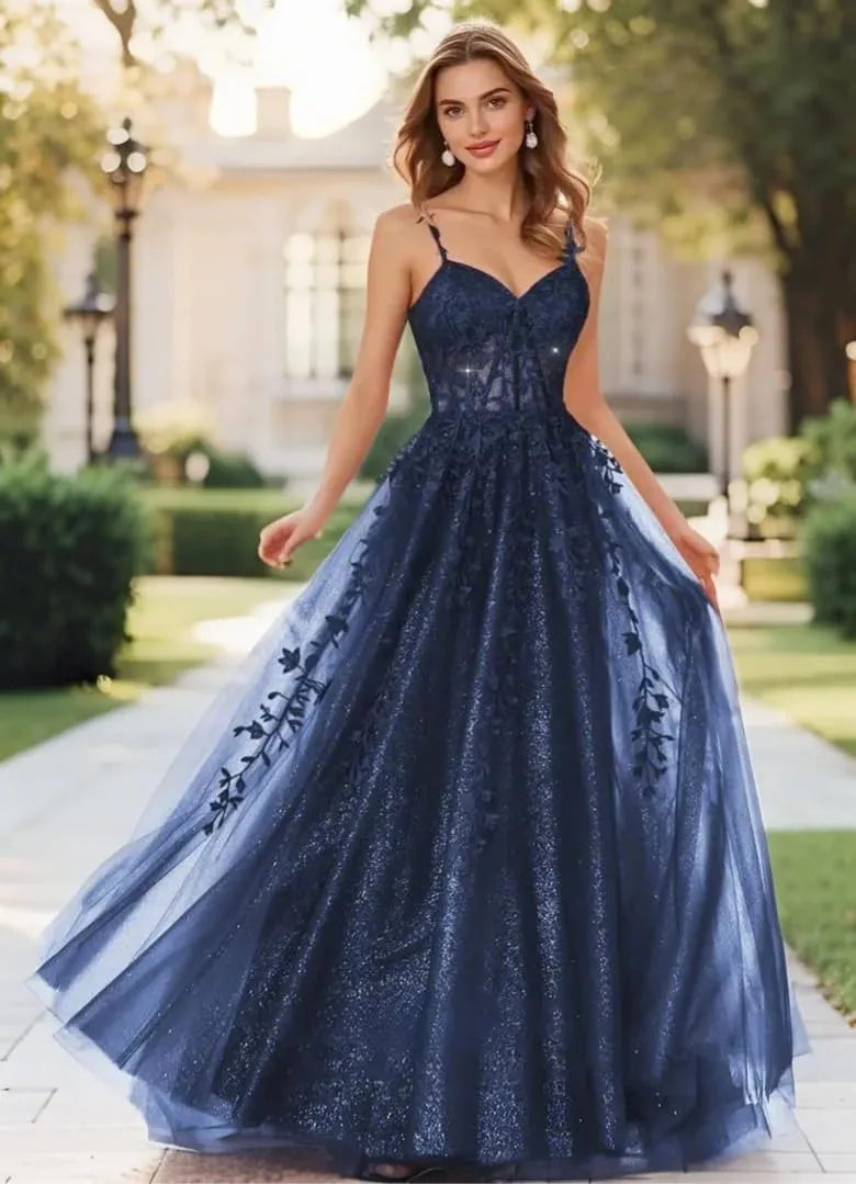 Sparkly Tulle Prom Dresses 2025 Lace Appliques Ball Gown Long Spaghetti Straps Formal Evening Gowns with Slit