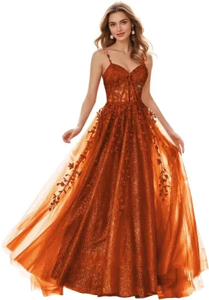 Sparkly Tulle Prom Dresses 2025 Lace Appliques Ball Gown Long Spaghetti Straps Formal Evening Gowns with Slit