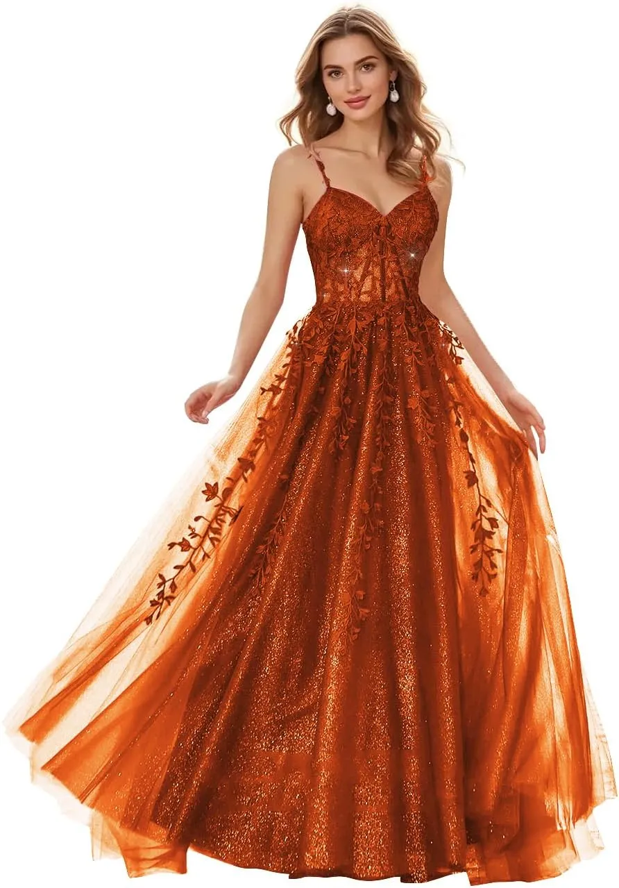 Sparkly Tulle Prom Dresses 2025 Lace Appliques Ball Gown Long Spaghetti Straps Formal Evening Gowns with Slit