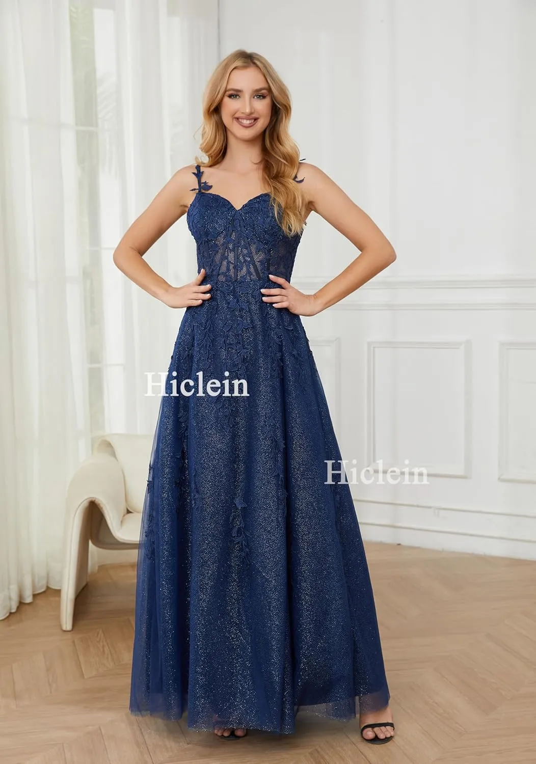 Sparkly Tulle Prom Dresses 2025 Lace Appliques Ball Gown Long Spaghetti Straps Formal Evening Gowns with Slit