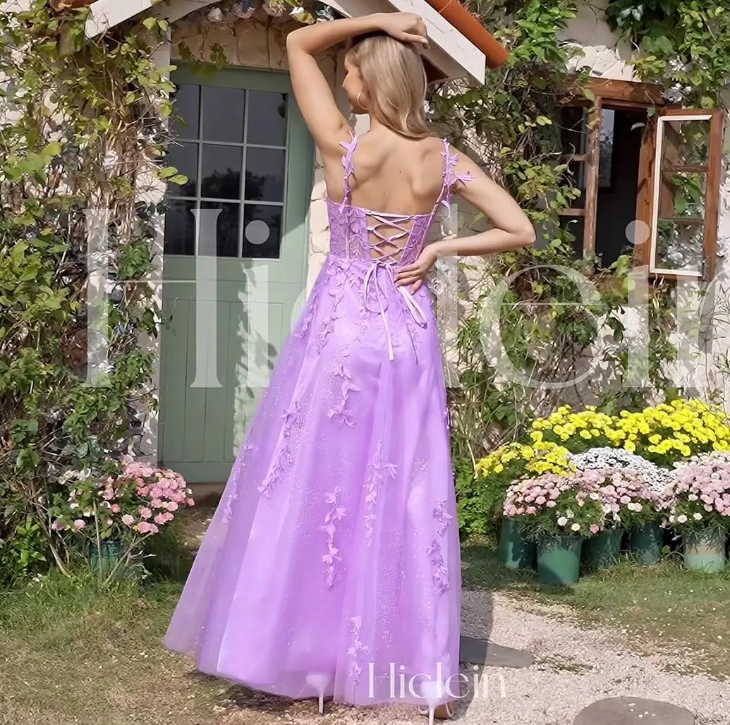 Sparkly Tulle Prom Dresses 2025 Lace Appliques Ball Gown Long Spaghetti Straps Formal Evening Gowns with Slit
