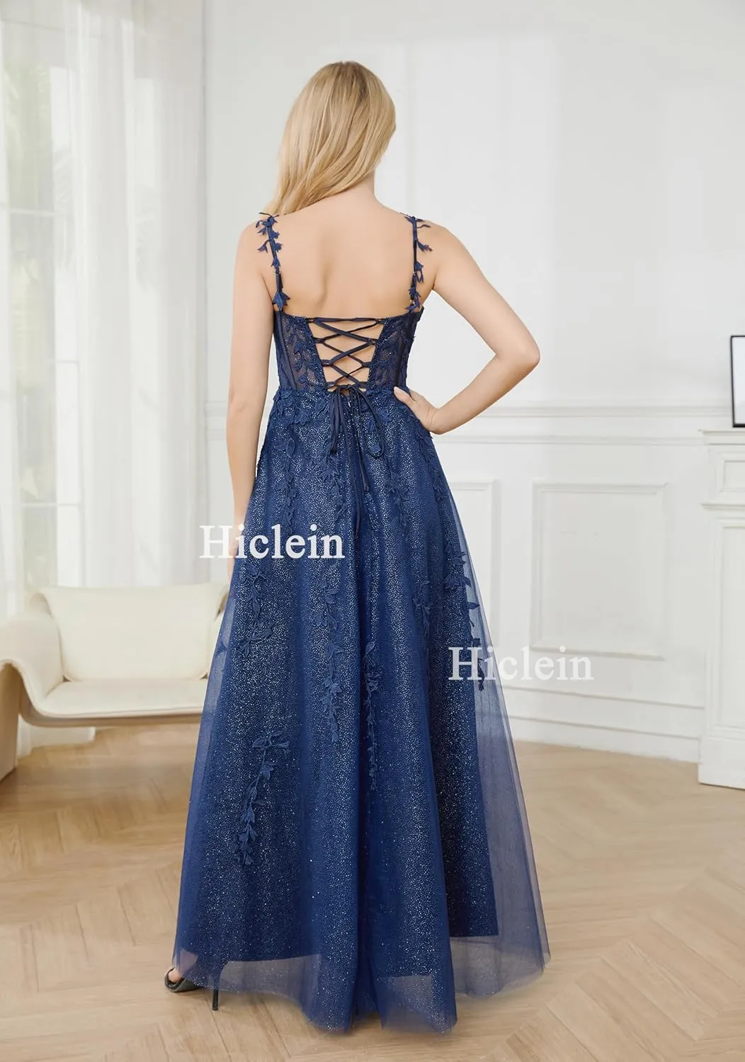 Sparkly Tulle Prom Dresses 2025 Lace Appliques Ball Gown Long Spaghetti Straps Formal Evening Gowns with Slit