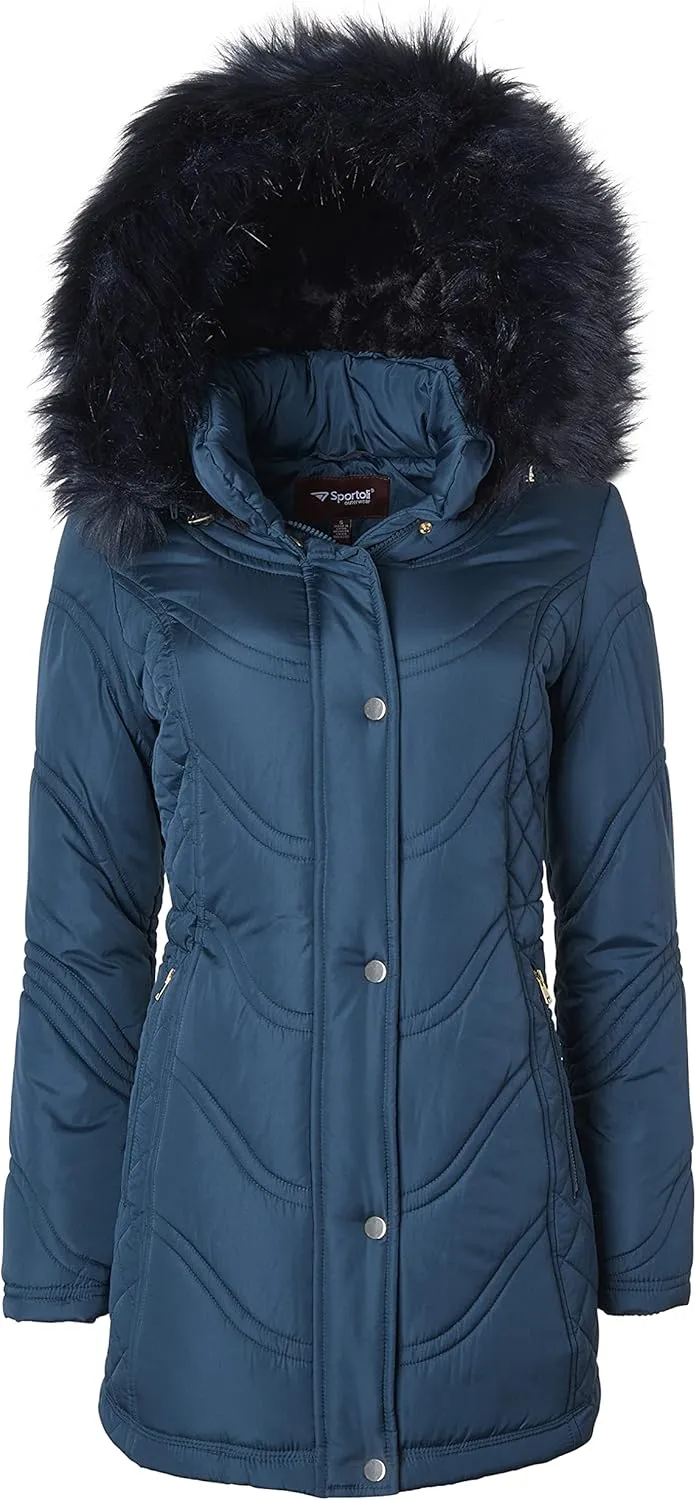 Sportoli Jackets for Women Quilted Down Alternative Longer Winter Coat with Fur Trim Hood