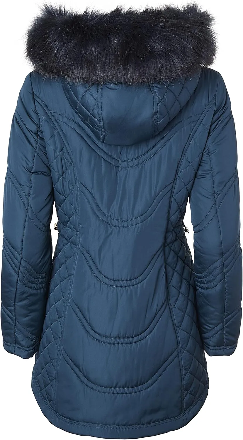 Sportoli Jackets for Women Quilted Down Alternative Longer Winter Coat with Fur Trim Hood