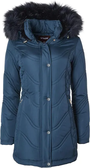 Sportoli Jackets for Women Quilted Down Alternative Longer Winter Coat with Fur Trim Hood