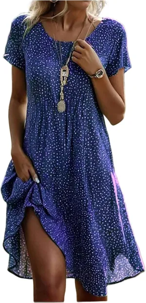 Spring Dresses for Women 2025 Trendy Graphic Printed Short Sleeve Scoop Neck Loose Bohomian Dress