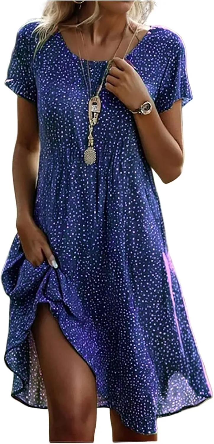 Spring Dresses for Women 2025 Trendy Graphic Printed Short Sleeve Scoop Neck Loose Bohomian Dress
