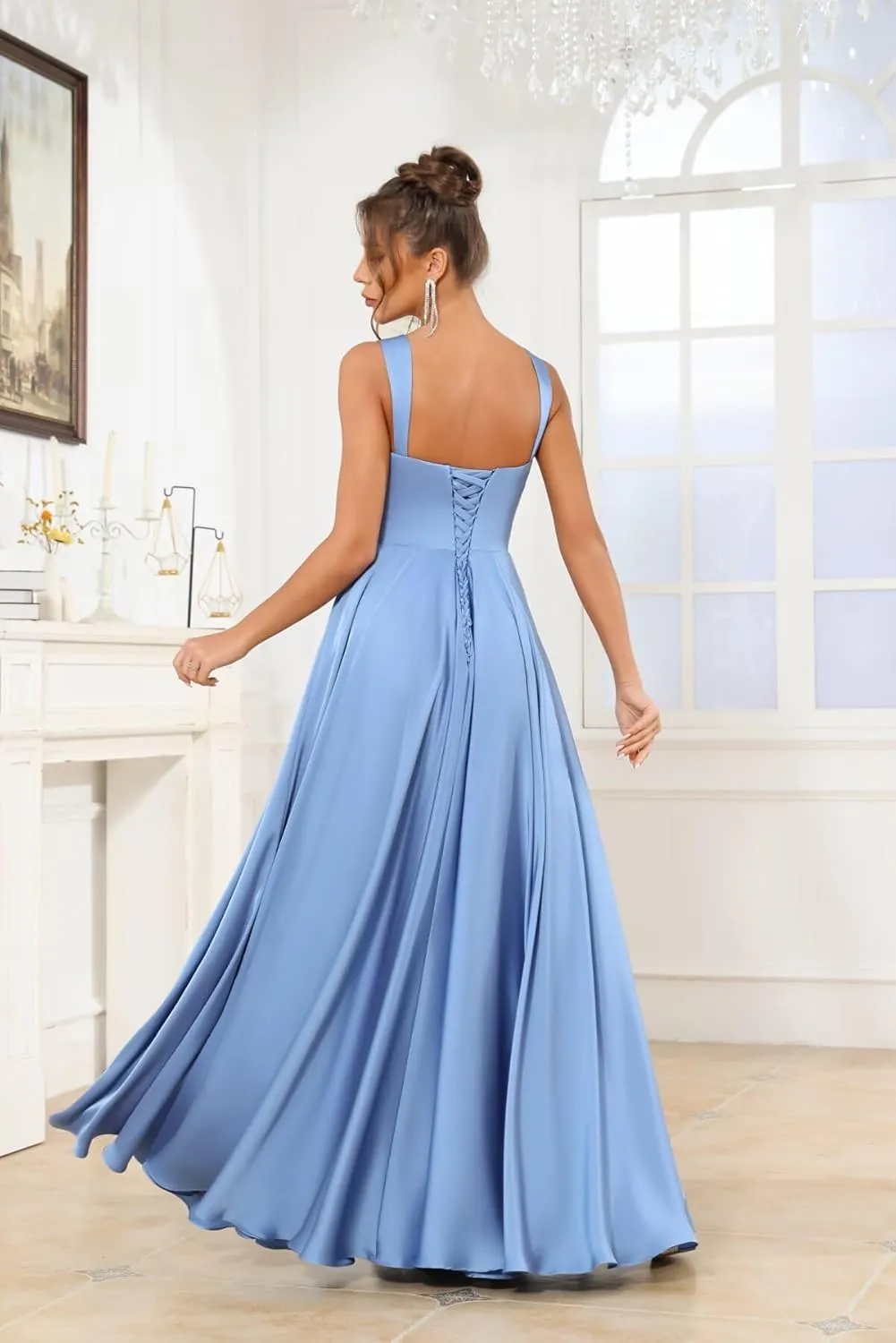 Square Neck Silk Satin Bridesmaid Dress with Slit A Line Pleated Long Formal Prom Dresses for Women