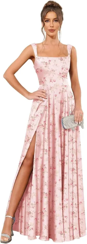 Square Neck Silk Satin Bridesmaid Dress with Slit A Line Pleated Long Formal Prom Dresses for Women