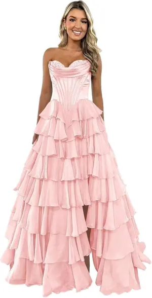 Strapless Tiered Prom Dress Long Ball Gown Satin Ruffle Chiffon Sweeetheart Corset Formal Evening Gowns with Slit