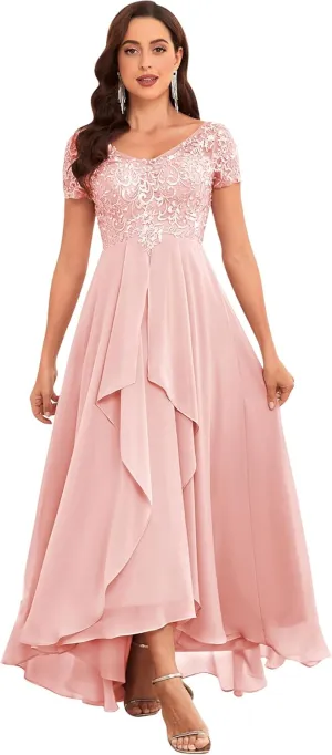 Sukleet Short Sleeve Mother of The Bride Dresses for Wedding Ruffle Chiffon Lace Formal Evening Dress