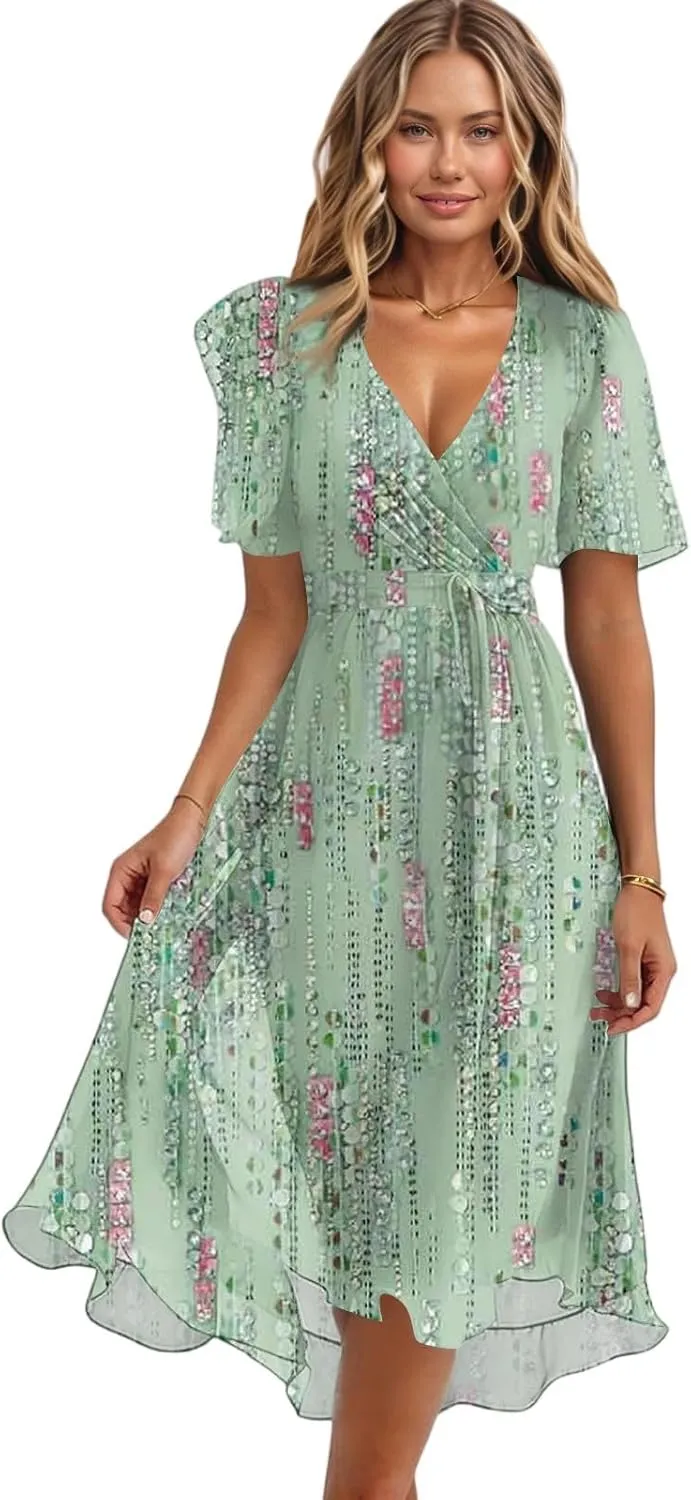 Summer Chiffon Dresses for Women Formal Elegant V Neck Wrap Floral Midi Dress Flowy Belted Short Sleeve Prom Dresses