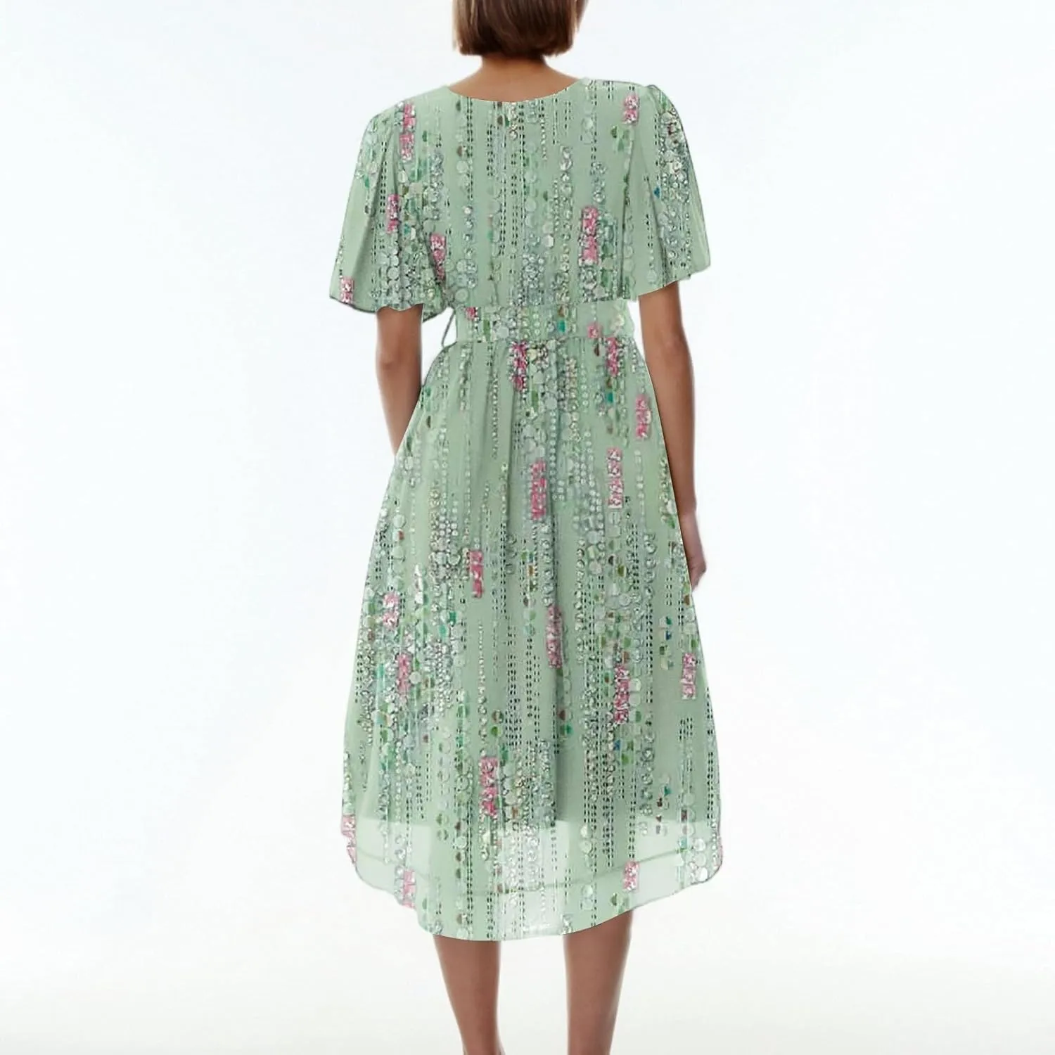 Summer Chiffon Dresses for Women Formal Elegant V Neck Wrap Floral Midi Dress Flowy Belted Short Sleeve Prom Dresses