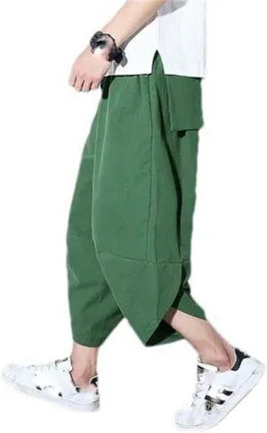 Summer Cotton Trousers for Men Casual Chinese Style Elastic Waist Linen Pants Solid Color Harem Pants