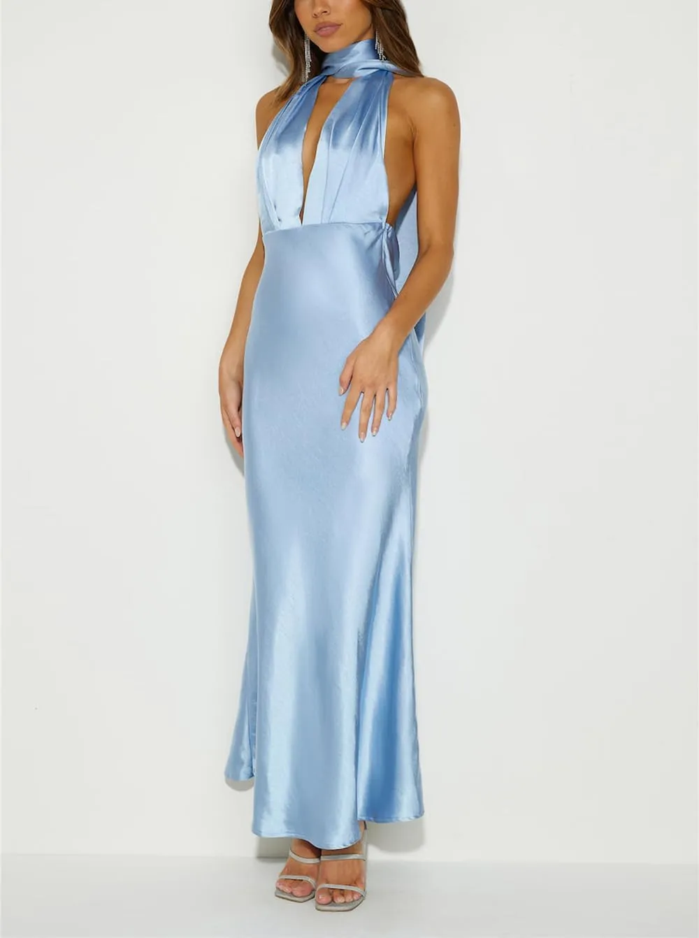 Summer Satin Halter Deep V Neck Backless Maxi Dresses for Women 2025 Silky Sleeveless Open Back Wedding Guest Long Dress