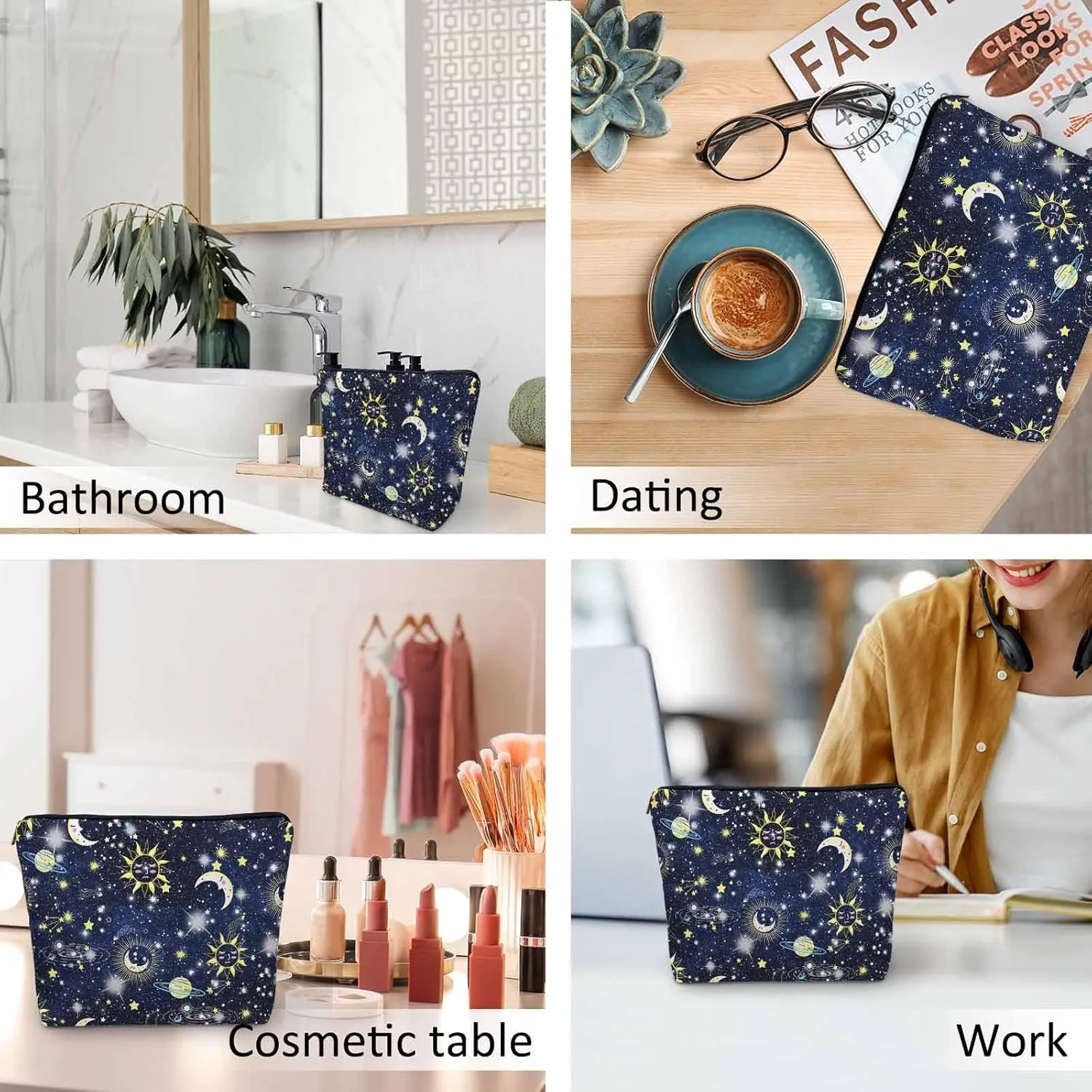 Sun Moon Makeup Bags Makeup Organizer, Cosmos Galaxy Sun Moon Universe Space Flax Toiletry Bags Travel Cosmetic Bag Makeup Purse Pouch Skincare Bag Wallet Bags For Women Female Mom Daughter
