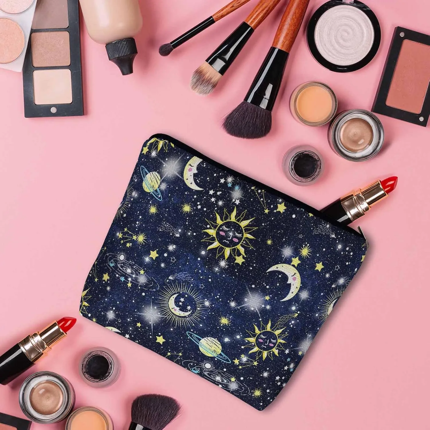 Sun Moon Makeup Bags Makeup Organizer, Cosmos Galaxy Sun Moon Universe Space Flax Toiletry Bags Travel Cosmetic Bag Makeup Purse Pouch Skincare Bag Wallet Bags For Women Female Mom Daughter
