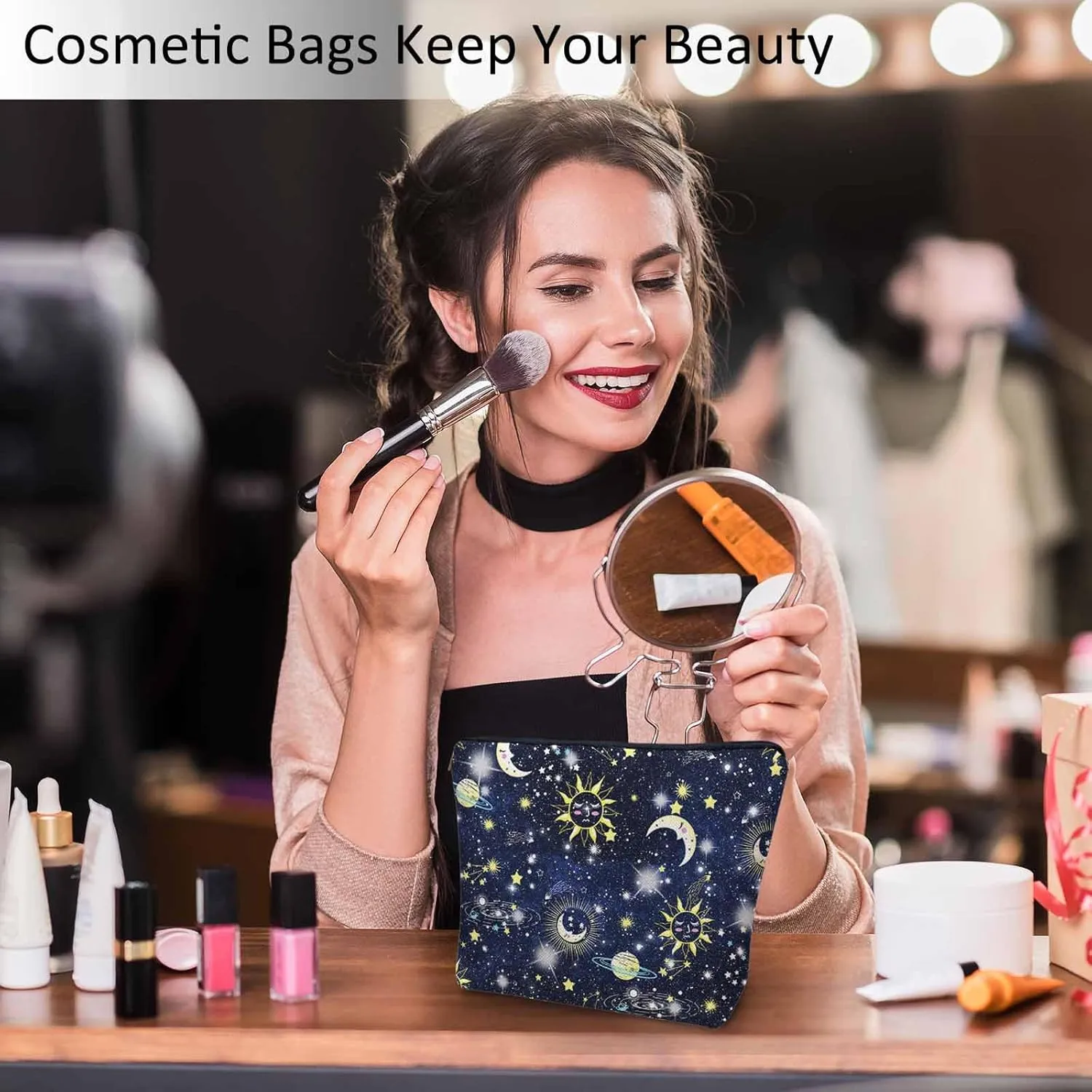 Sun Moon Makeup Bags Makeup Organizer, Cosmos Galaxy Sun Moon Universe Space Flax Toiletry Bags Travel Cosmetic Bag Makeup Purse Pouch Skincare Bag Wallet Bags For Women Female Mom Daughter