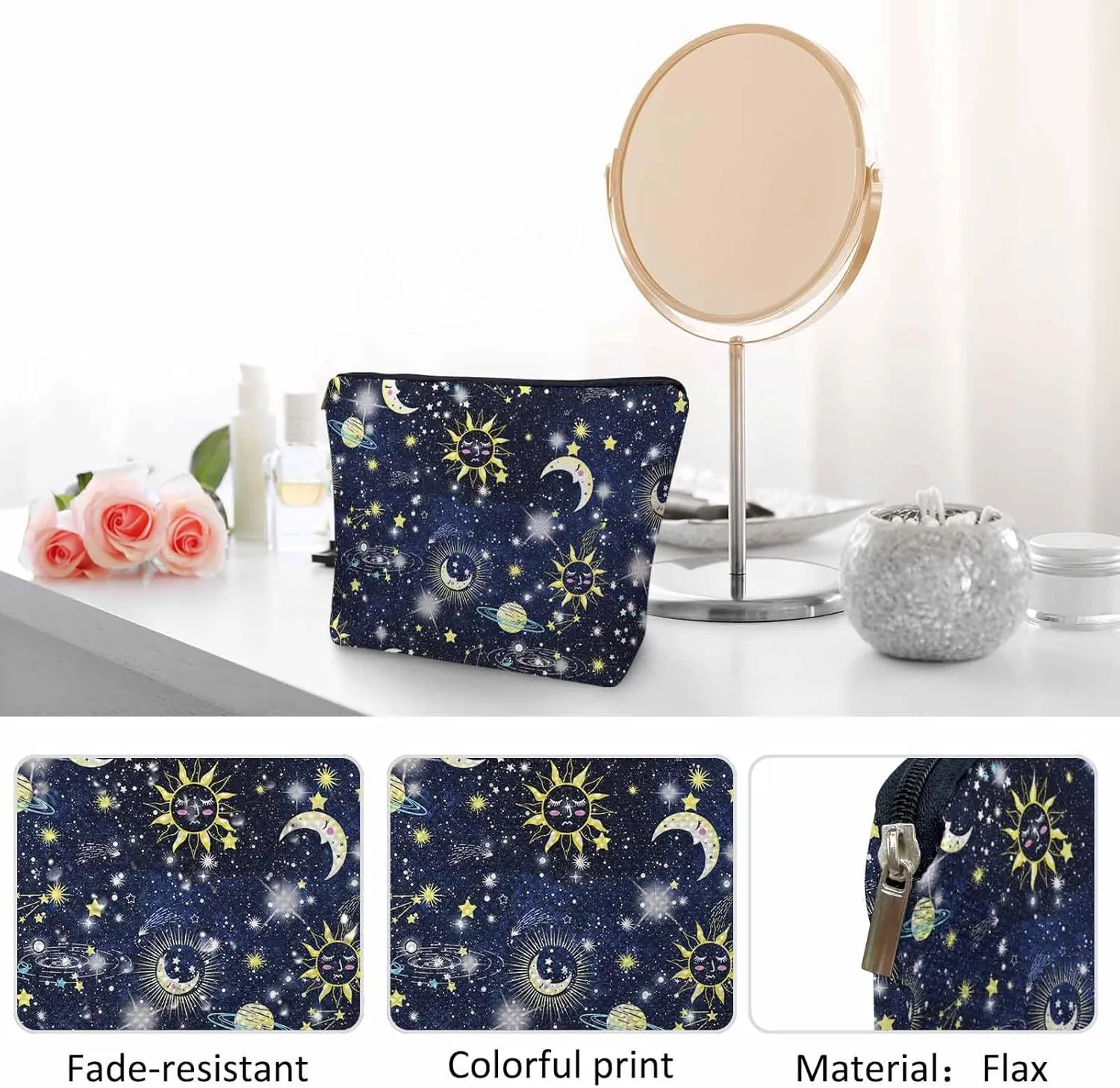Sun Moon Makeup Bags Makeup Organizer, Cosmos Galaxy Sun Moon Universe Space Flax Toiletry Bags Travel Cosmetic Bag Makeup Purse Pouch Skincare Bag Wallet Bags For Women Female Mom Daughter