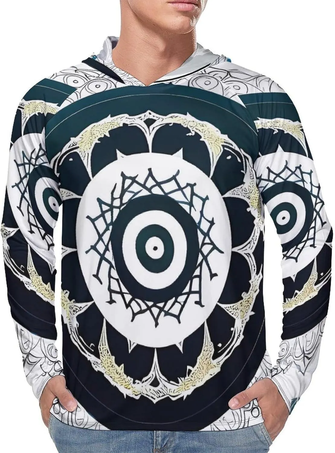 Sun Protection Shirt Long Sleeve Hoodie Black and White Round Totem Lightweight Rash Guard Quick Dry Sun Shirt for Outdoor