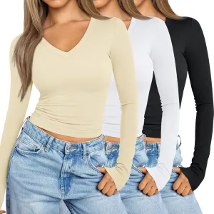 SUNBS Womens 3 Pack Long Sleeve Shirts V Neck Going Out Slim Fit Causal Crop Layering Tops 2025 Fall Fashion Clothes