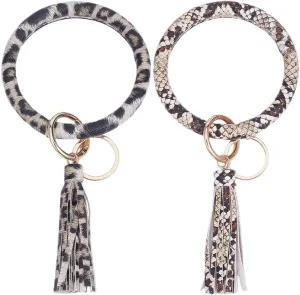SUNNYCLUE 1 Box 2pcs Wrist Keychain Holder Leather Wristlet Keychain Imitation PU Leather Cute Black Brown Wrist Round Circle Bracelet Key Chain With Tassle For Women Men Bangle Key Rings Wallet Gifts