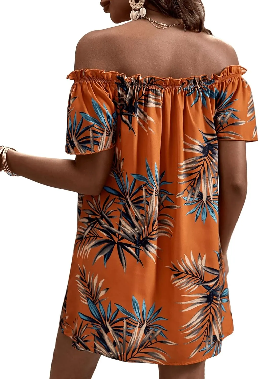 SweatyRocks Women's Boho Short Sleeve Off Shoulder Ruffle Dress Floral Print Tunic Mini Dresses