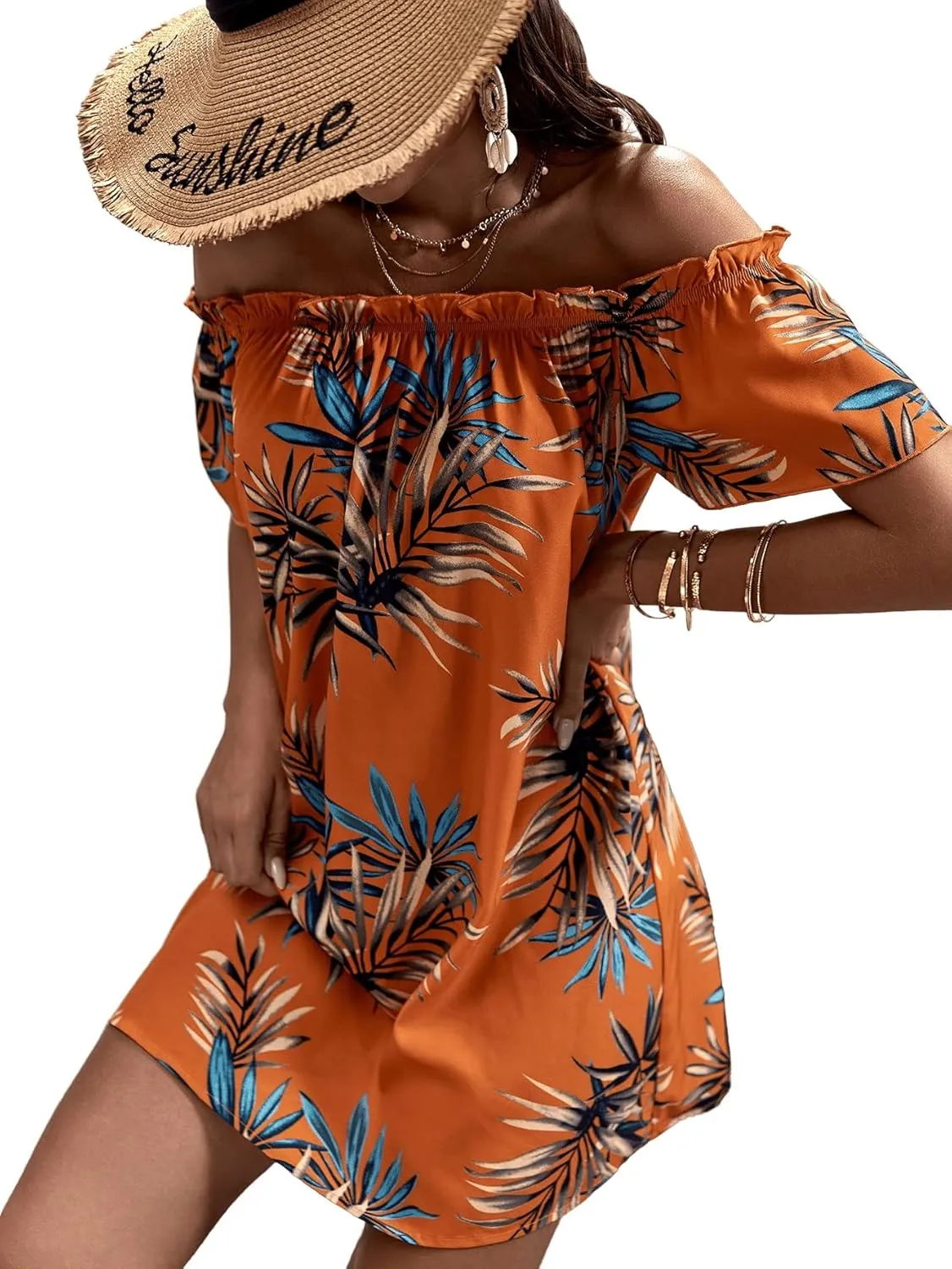 SweatyRocks Women's Boho Short Sleeve Off Shoulder Ruffle Dress Floral Print Tunic Mini Dresses