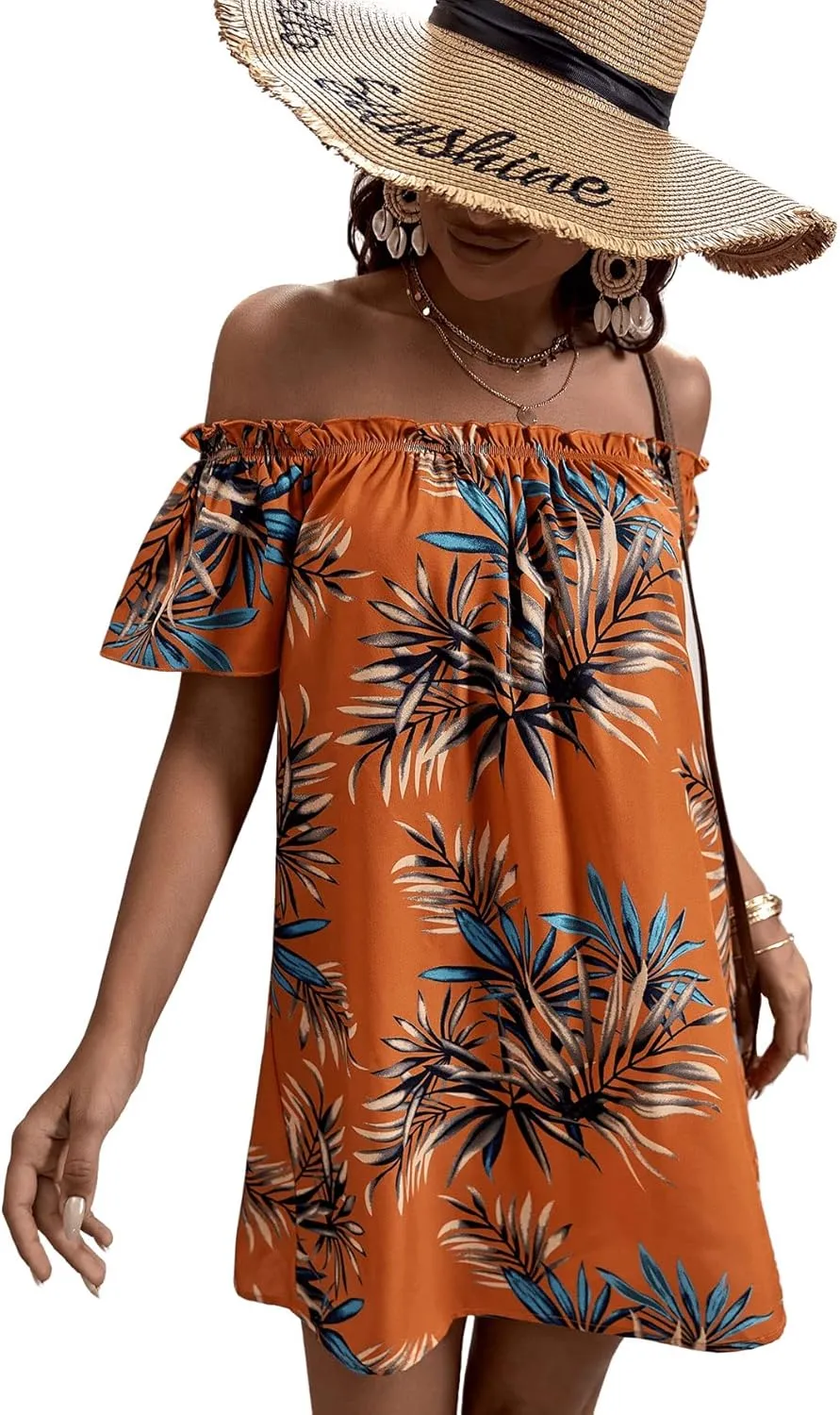 SweatyRocks Women's Boho Short Sleeve Off Shoulder Ruffle Dress Floral Print Tunic Mini Dresses