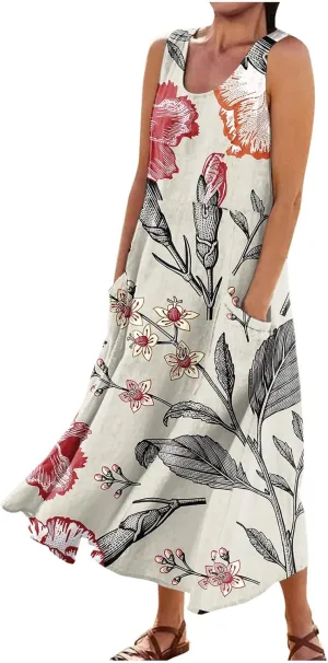 Tank Maxi Dress for Women with Pockets Summer Beach Dresses Casual Loose Fit Cotton Flowy Sundress Plus Size