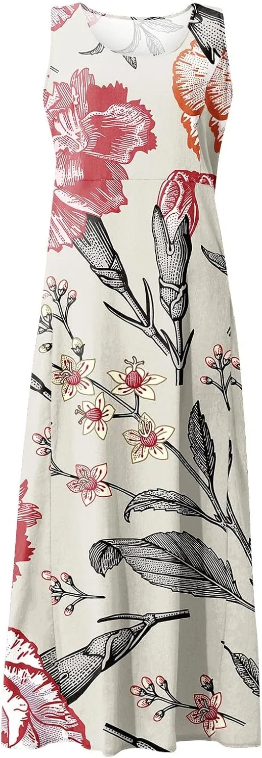 Tank Maxi Dress for Women with Pockets Summer Beach Dresses Casual Loose Fit Cotton Flowy Sundress Plus Size