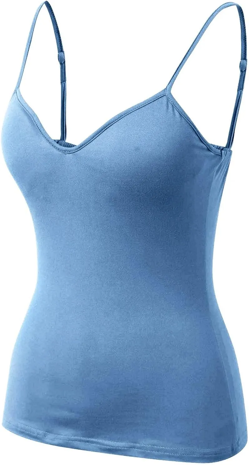 Tank Top with Built in Bra for Women Summer V Neck Spaghetti Strap Camisole Tops Cute Basic Double Lined Undershirts