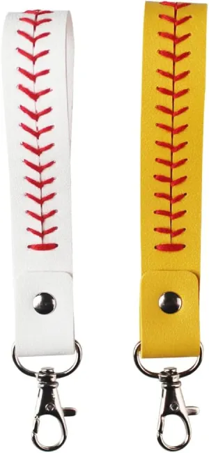 Teensery 2 Pcs Baseball Seamed Keychain Handmade Leather Wristlet Strap Keychain for Purse Wallet Handbag Bag Accessories (White & Yellow)