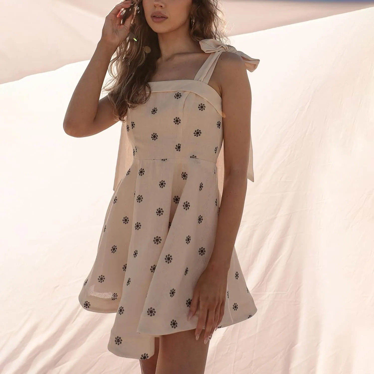 Tempura Women Tie Shoulder Mini Dress Casual Backless Ruffled A-Line Party Dress for Beach Streetwear