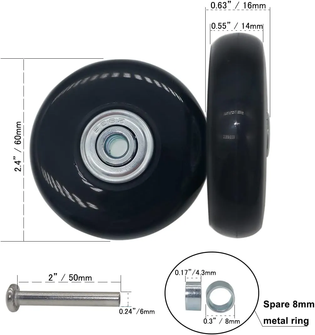 Thickness 14mm Luggage Suitcase Replacement Wheels Mute Wear-Resistant Rubber Swivel Trolley Casters Repair Set 8-piece OD 2.36" (60mm)