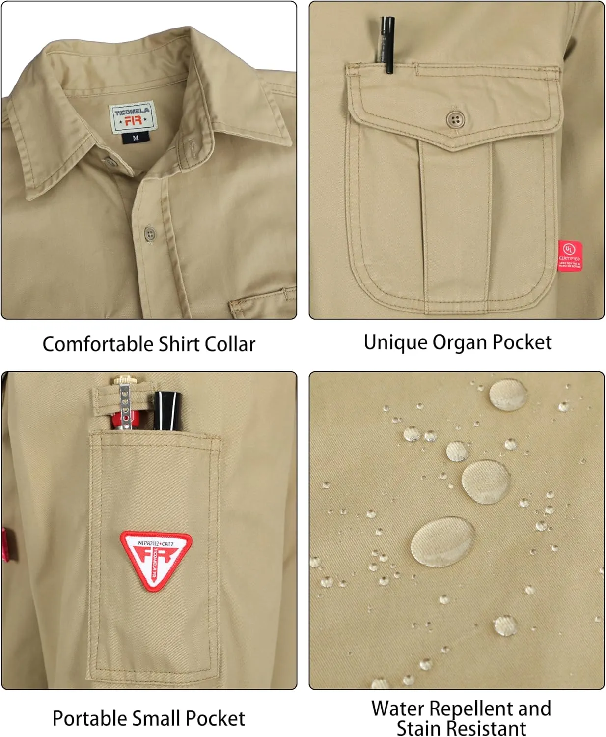 TICOMELA FR Shirts for Men Flame Resistant 7.5oz 100% Cotton NFPA2112 Men's Welding Shirts