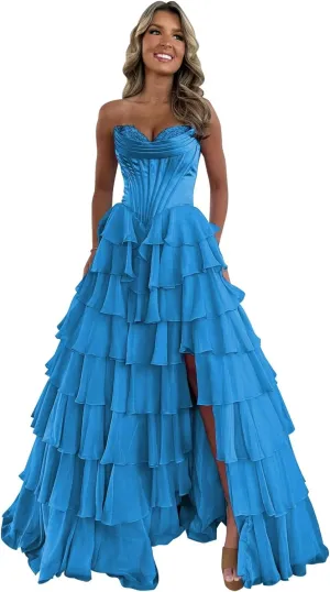 Tiered Chiffon Prom Dress with Slit 2025 Ruffle Sweetheart Strapless Formal Evening Dress for Teens