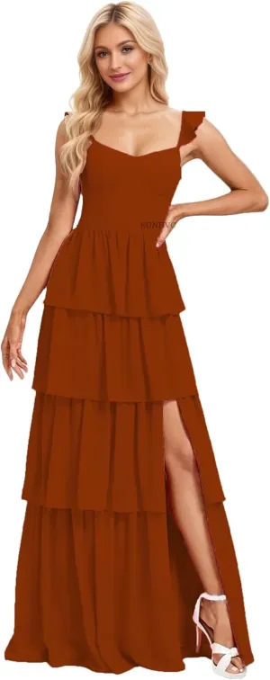 Tiered Ruffles Bridesmaid Dresses for Women 2025 Chiffon Long Formal Evening Party Dress with Slit