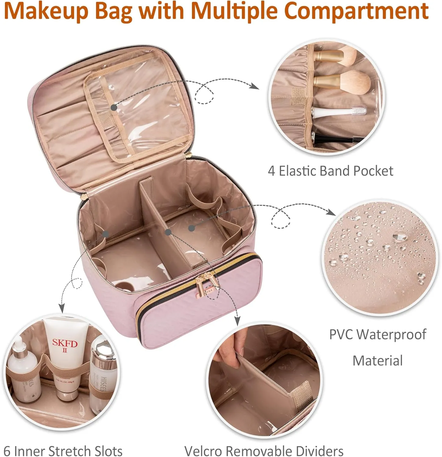 Travel Cosmetic Organizer Bag - Large Makeup Case with Jewelry Storage, Waterproof Toiletry Box for Cosmetics, Brushes, and Tools, Pink