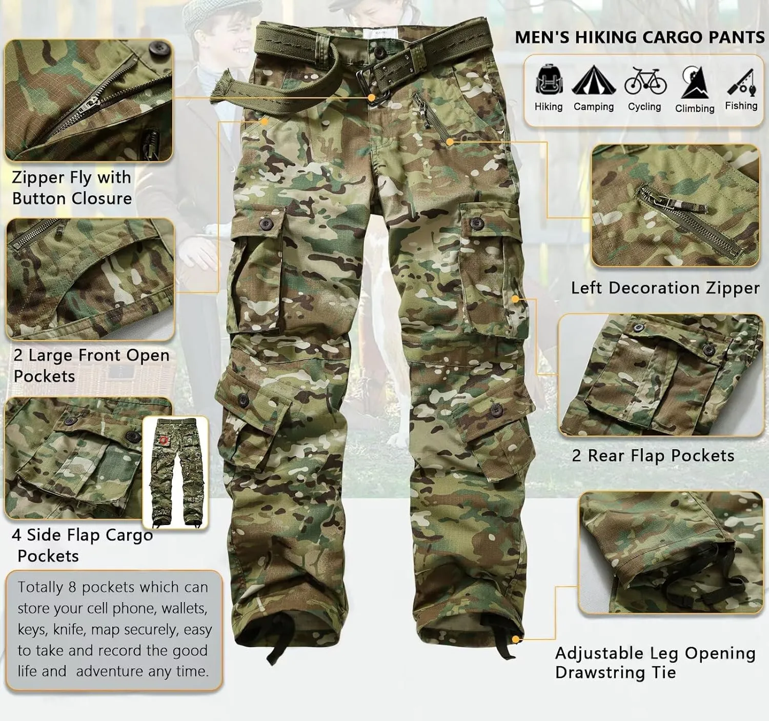 TRGPSG Men's Hiking Pants, Outdoor Ripstop Wild Cargo Pants, Multi-Pocket Army Camo Pants, Lightweight Casual Pants