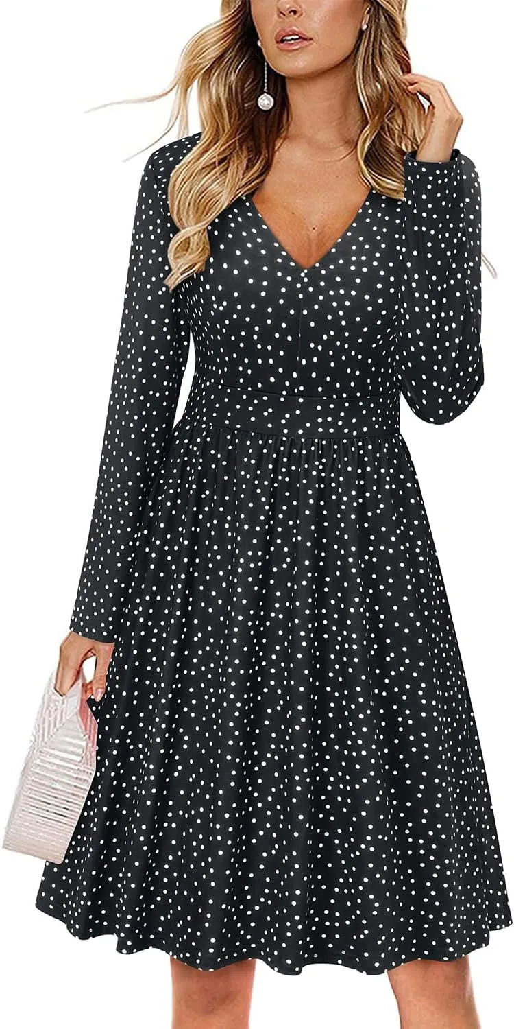 ULTRANICE Women's Fall Casual Long Sleeve Dresses V Neck Swing Midi Dress with Pockets
