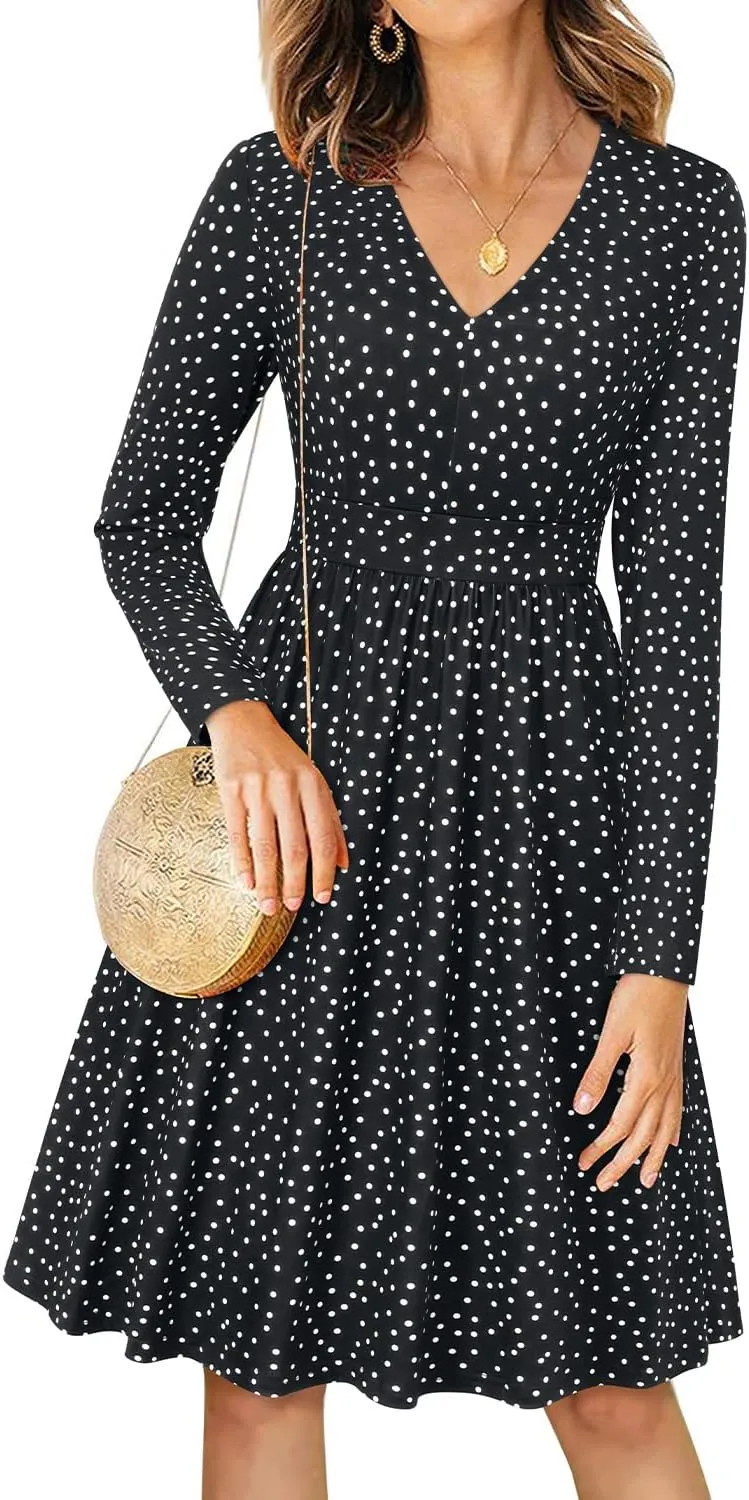 ULTRANICE Women's Fall Casual Long Sleeve Dresses V Neck Swing Midi Dress with Pockets