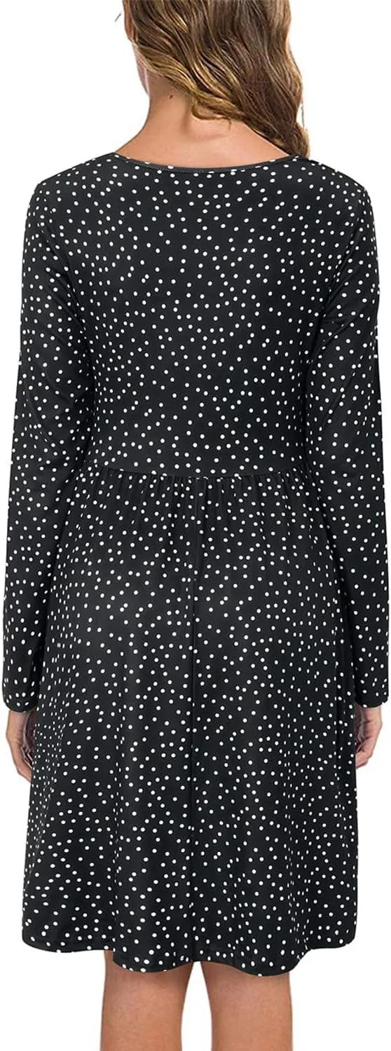 ULTRANICE Women's Fall Casual Long Sleeve Dresses V Neck Swing Midi Dress with Pockets