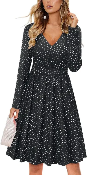 ULTRANICE Women's Fall Casual Long Sleeve Dresses V Neck Swing Midi Dress with Pockets