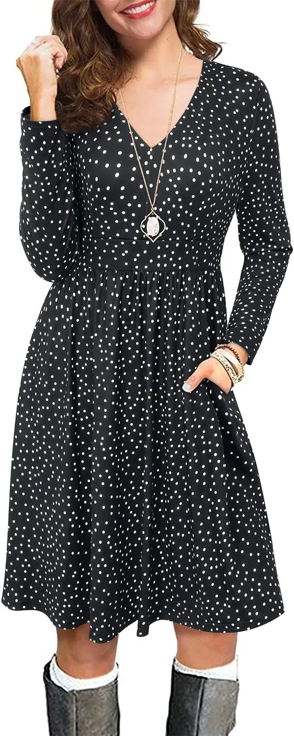 ULTRANICE Women's Fall Casual Long Sleeve Dresses V Neck Swing Midi Dress with Pockets