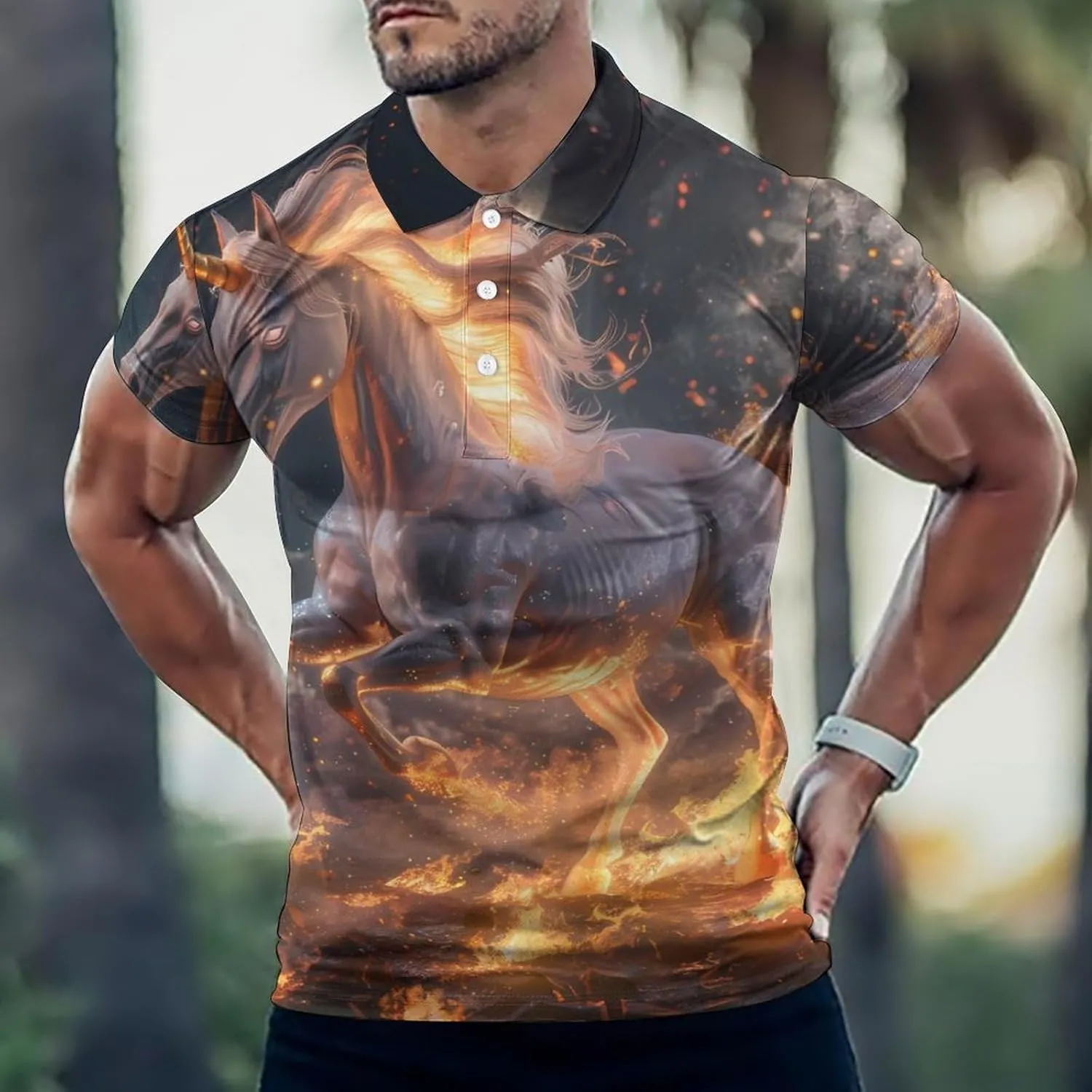 Unicorm Flames And Moon Mens Polo Shirts Quick Dry Short Sleeve T-shirts Slim Tennis Collared Tees Tops